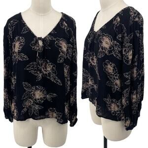 Amuse Society Floral Print Blouse Top Keyhole Tie Neckline Black Light Pink S